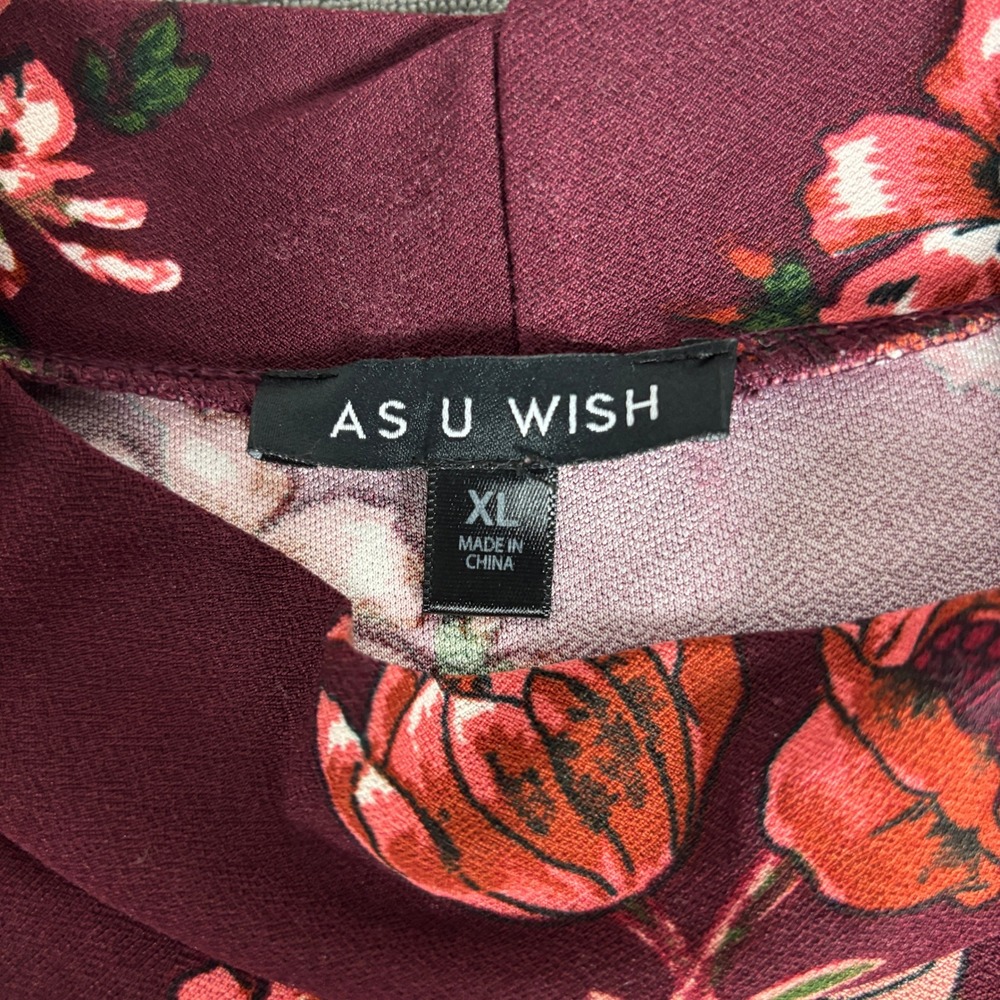 As U Wish Women's XL Burgundy Floral Mock Neck A-Line Dress Cottagecore - Picture 3 of 7